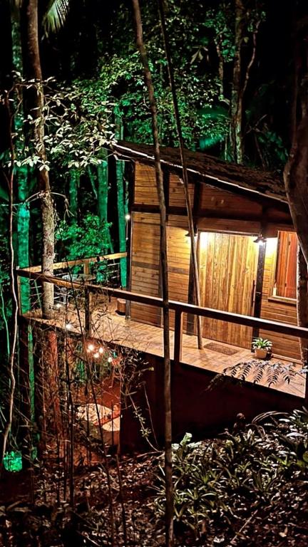 Casa na Árvore iluminada à noite entre as árvores, com varanda de madeira