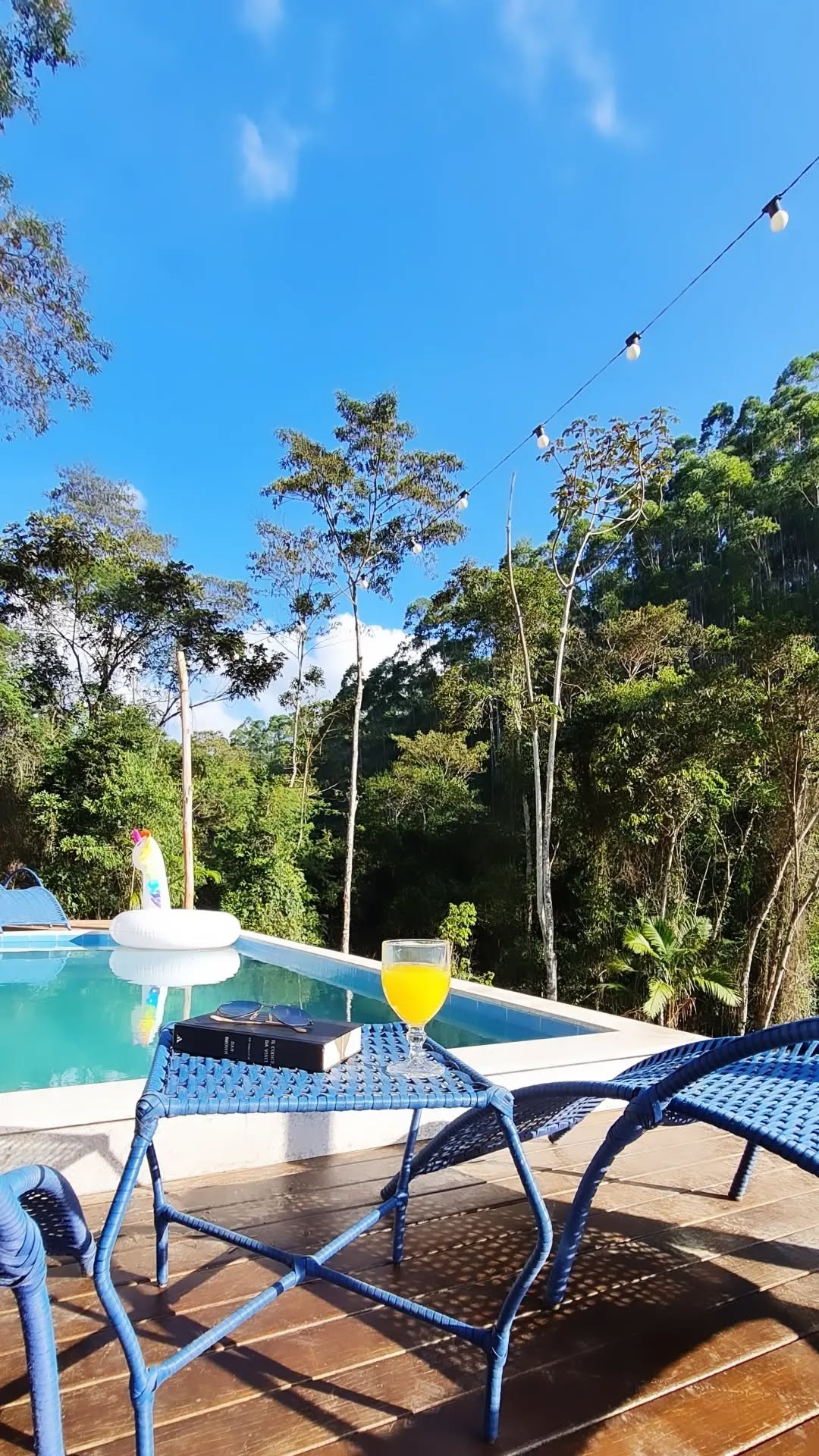 Piscina e deck da Casa da Piscina com vista para a mata